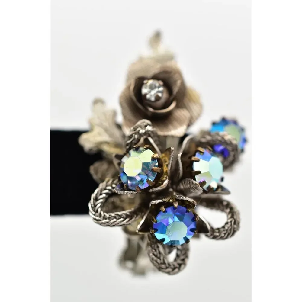 kramer Vintage Crystal Clip On Earrings AB Blue Prong Silver Floral 1950s BinBK